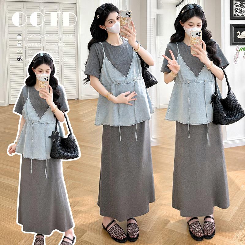 2026 Summer Denim Vest & Short Sleeve Long Maternity Dress Set 2XL