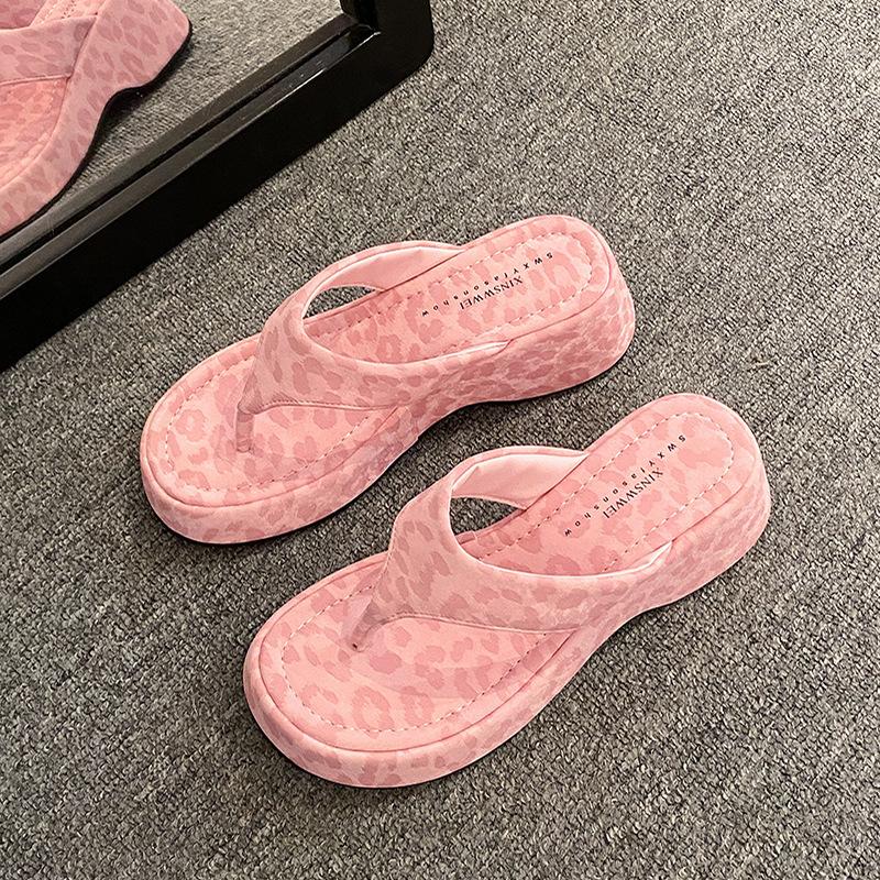 Wear summer high heels sandals toes new slippers leopard print herringbone female slope heel pink clip 2025