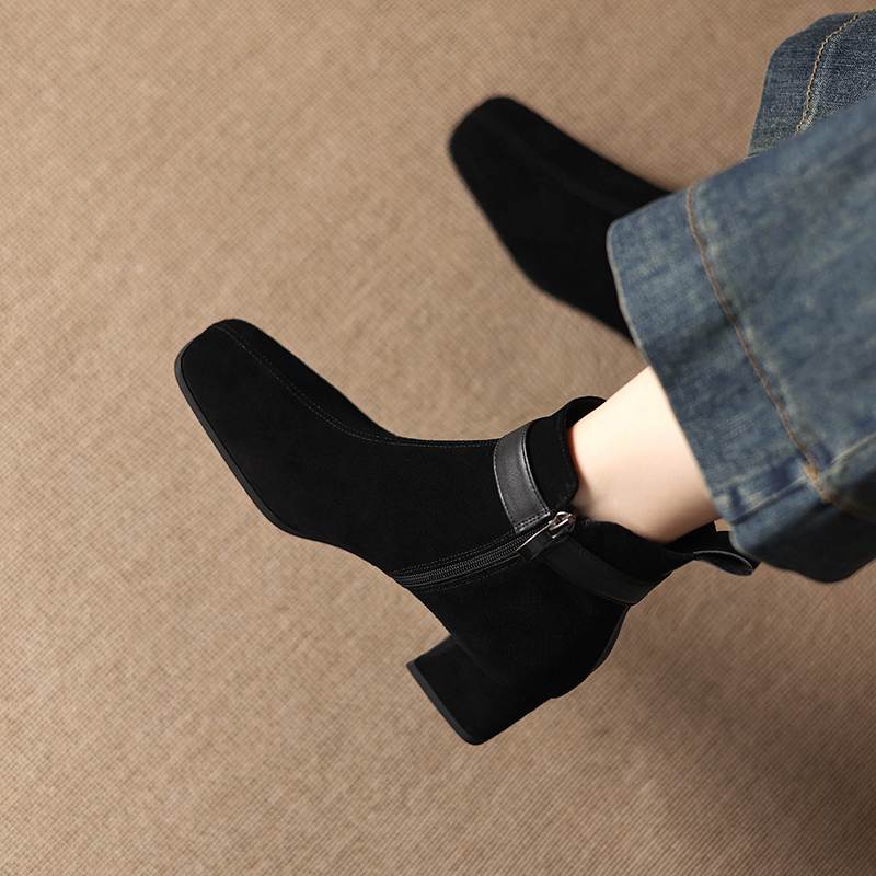Krazing Pot Cow Suede Nubuck Square Toe Thick Heels Chelsea Boots Size 42 Zip Beauty Lady Women Ankle Boots