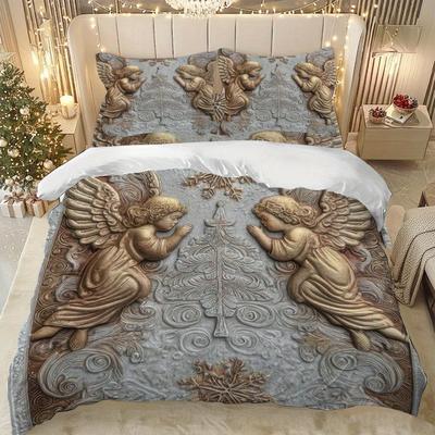 Lifesmells 2/3Pcs Christmas Angel Snowflake Duvet Cover Set All-Season Soft Polyester Bedding With Zipper Closure, Festive Gifts