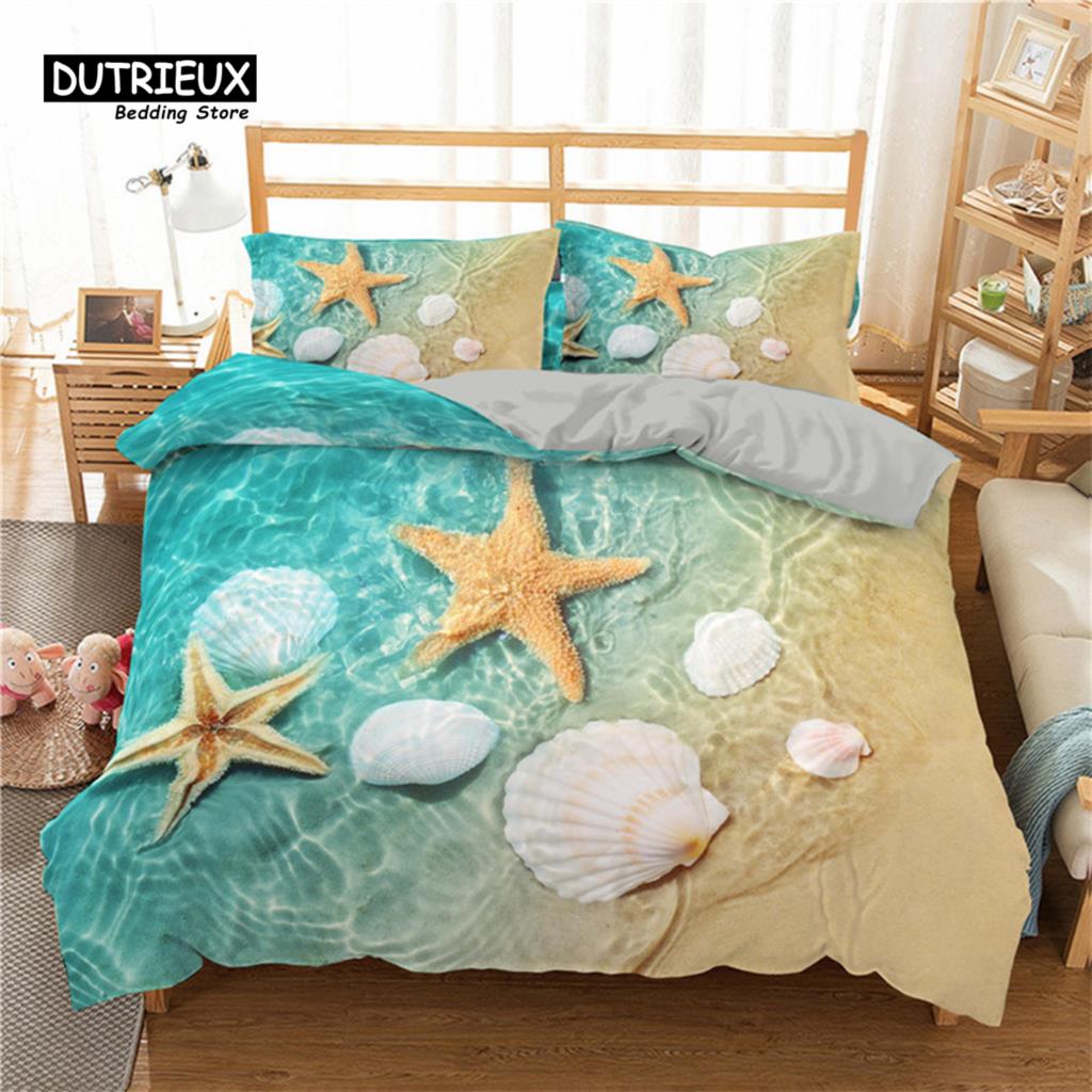 Seestern Muschel Strand Bettwäsche Set Mikrofaser Küste mit Sand mit buntem verschiedenen Muscheldruck Bettbezug Schlafzimmerdeko