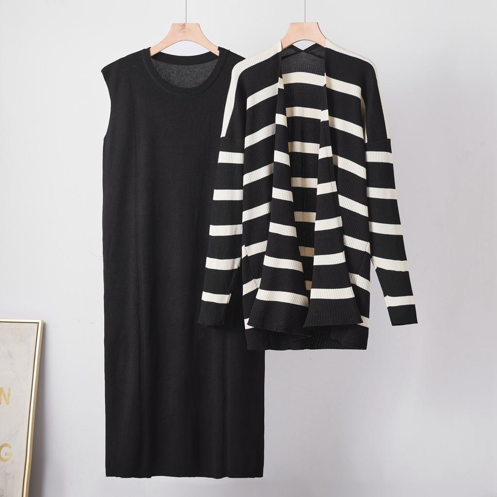 Casual dress set women's autumn loose medium and long striped sweater skirt knitted two-piece set