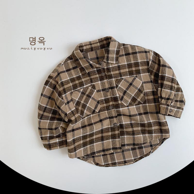Vintage Plaid Long Sleeve Shirt Casual Boys Kids Top Outerwear Children Clothing