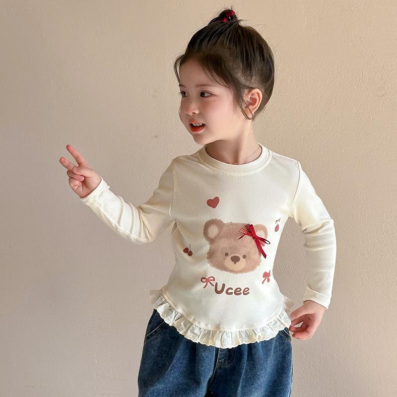 

2025 Новый Стиль Футболка с Длинным Рукавом для Девочек со Сладким Кружевом и Милым Дизайном Медвежонка 110cm