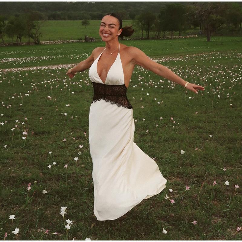 Abito da donna con pizzo patchwork da appendere al collo, da spiaggia, da viaggio, estivo, nuovo stile, con punto vita, temperamento, lungo, senza maniche, slim fit