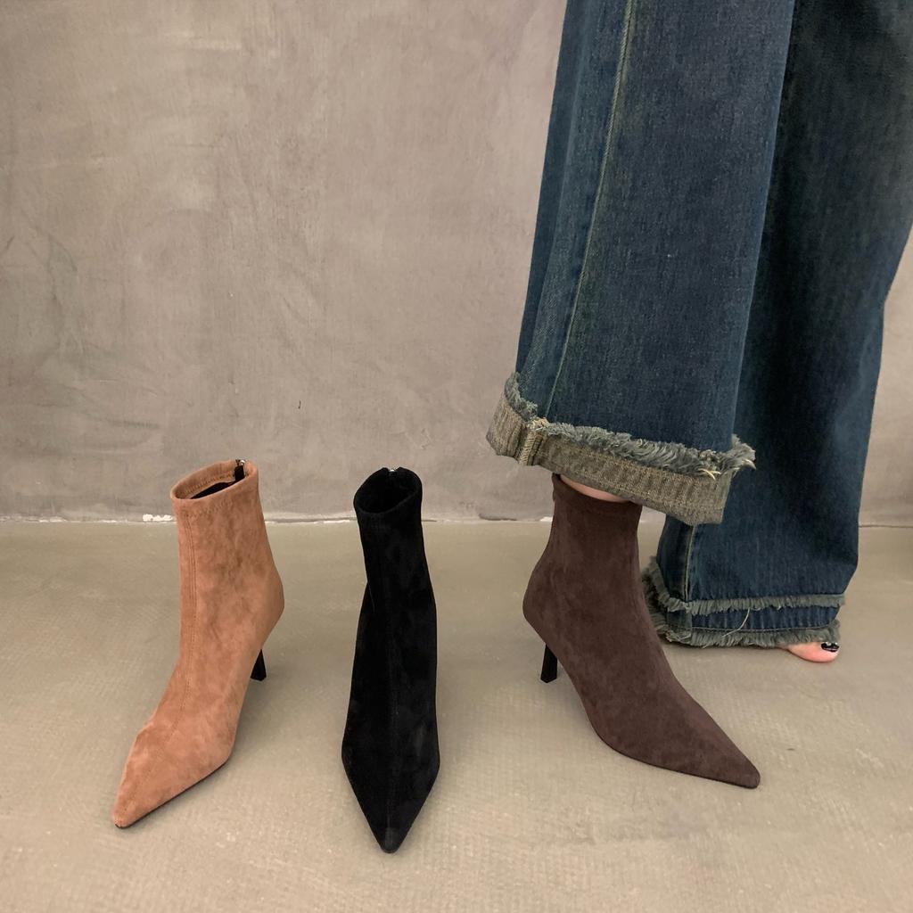 High-heeled Pointed-toed Temperament Suede Thin Short Boots Women's Shoes 2025 New Autumn and Winter Velvet Korean Small Ankle Boots