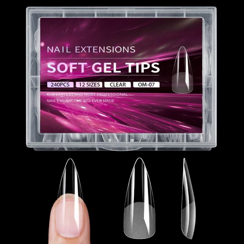 240Pcs Medium Almond Gel Nail Tips Full Cover Clear Acrylic Nails Gel Extensions 12 Sizes for Home Manicure