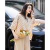 Women Beige Black Polka Dot Puff Sleeve Loose Blouse