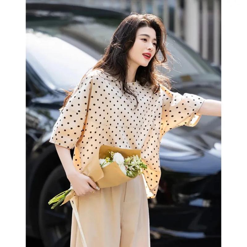 Women Beige Black Polka Dot Puff Sleeve Loose Blouse