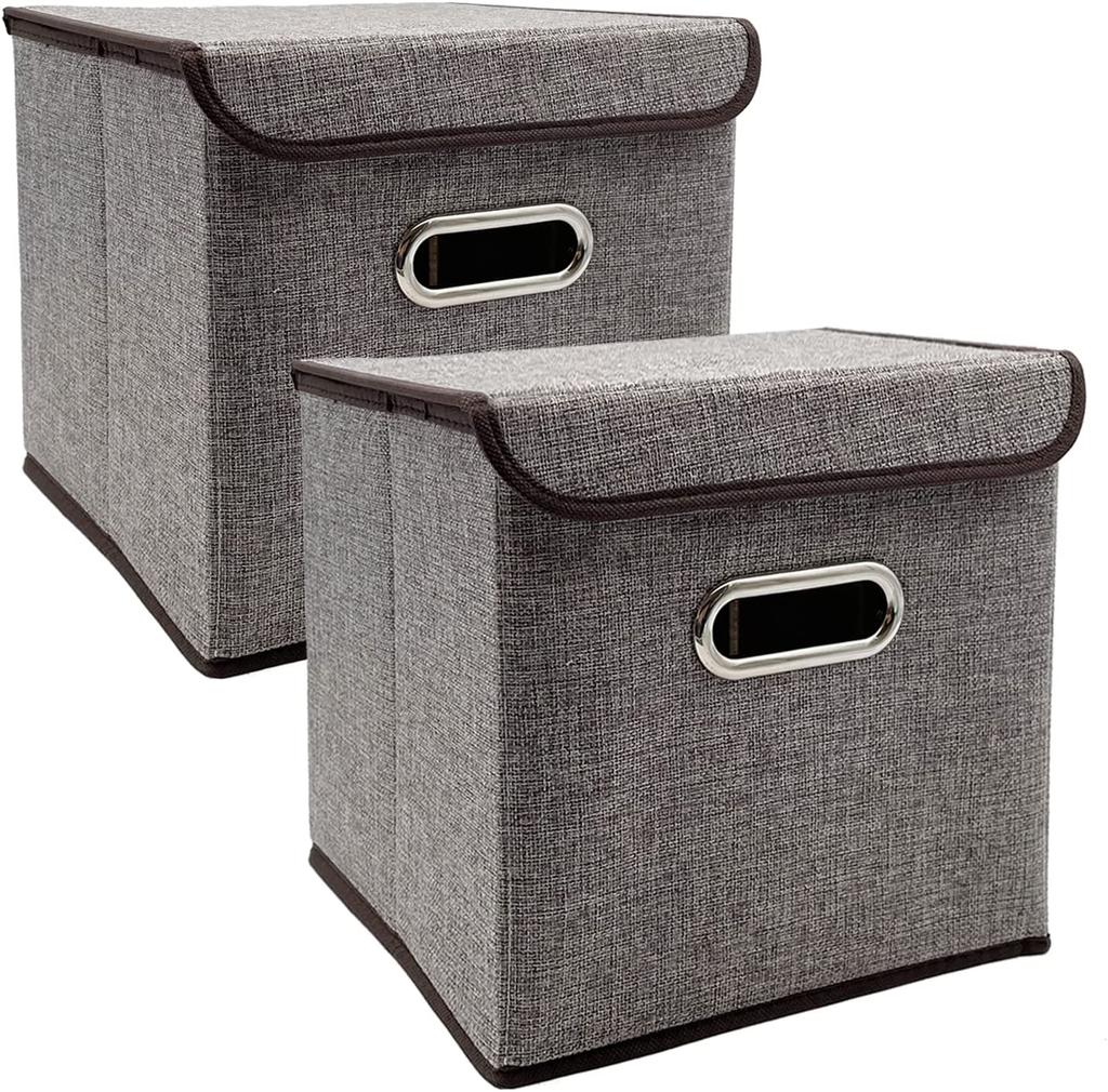 2 Pezzi Contenitori Pieghevoli con Coperchio 25*25cm Cestini Portaoggetti in Tessuto di Lino Lavabili Scatola Decorativa