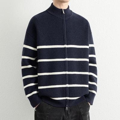 Suéter Grosso Quente Masculino Outono Inverno Cardigan Tricotado Listrado com Zíper Masculino Casacos de Suéter Soltos Masculino Roupa Externa Preta