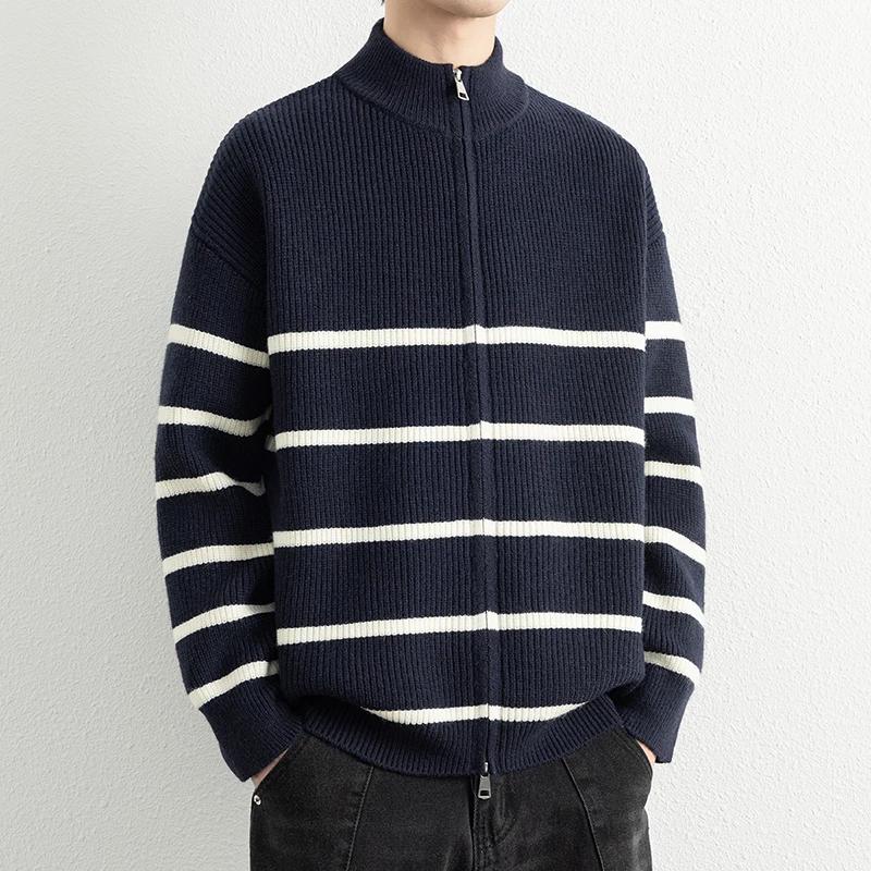 

Осень Зима Мужской Толстый Теплый Свитер Мужской Полосатый Вязаный Кардиган на Молнии Мужской Свободный Свитер Пальто Мужская Черная Верхняя Одежда XXXL темно-синий