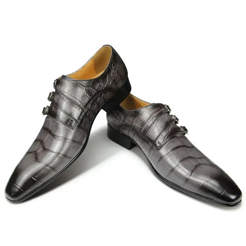 Fashion Men's Shoe Fashion Crocodile Printed For Office Wedding Party Handmade by Top Layer Cowhide Leather Comfortable Monk Style Shoes