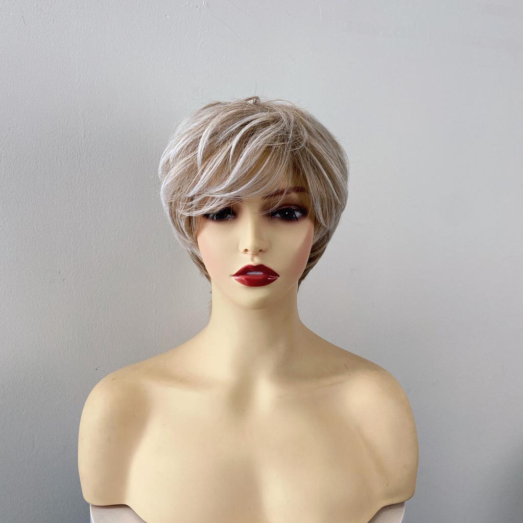 Women Natural Short Wavy White Gradient Wig Rose Net Synthetic Curly Wigs