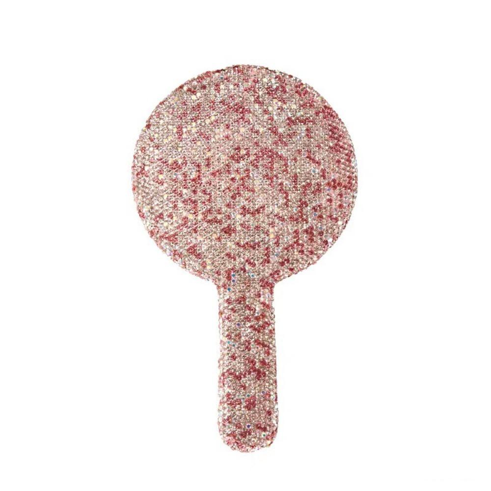 Rhinestone Handheld Makeup Mirror Square/Round Hand Cosmetic Mirror Sweet Love Heart Mirror Girl Pink-Round