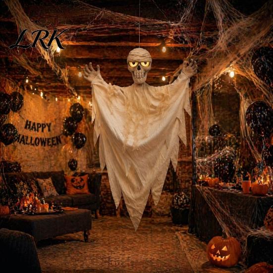 Voice Triggered Scary Prop Halloween Hanging Mummy Decoration with Sounds, 31.5 Inch Activated Creepy Home Ornament Glowing Skull Eyes for Haunted