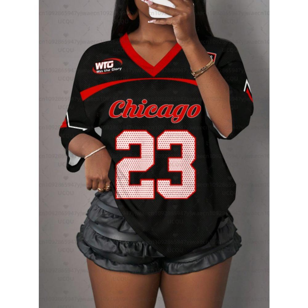 

Women s V-neck sports T-shirt, printed, summer casual sports drop shoulder mesh T-shirt top XXS