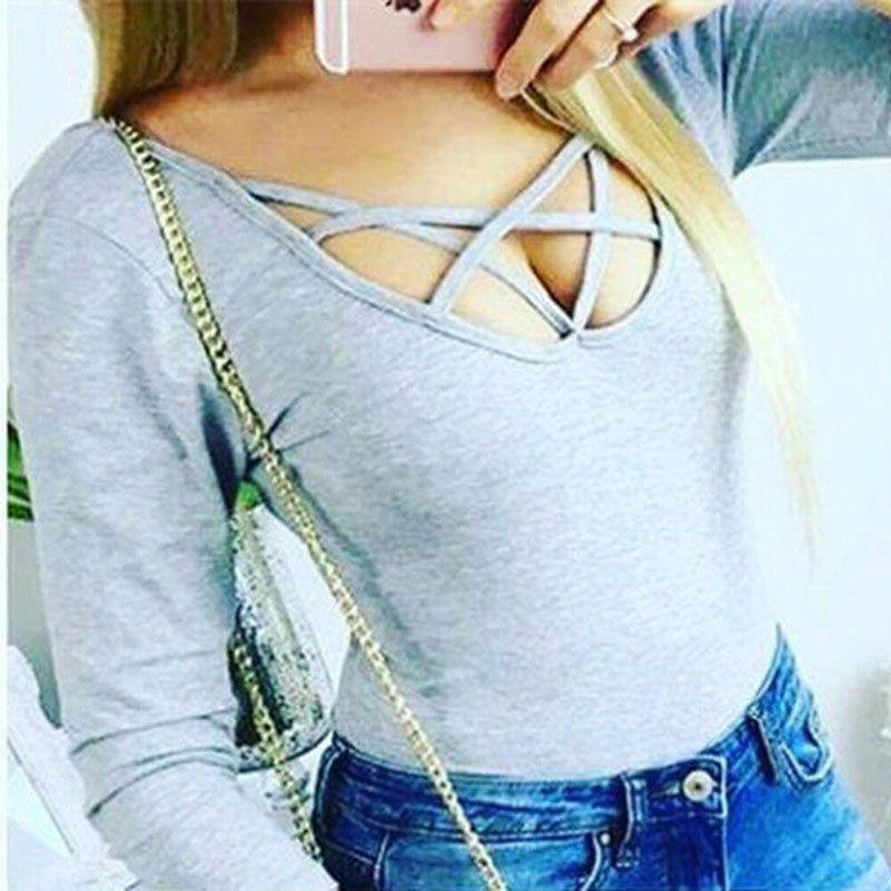 

Элегантный женский боди с глубоким V-образным вырезом, длинными рукавами, однотонный, эластичный, комбинезон, леотард, топ M серый