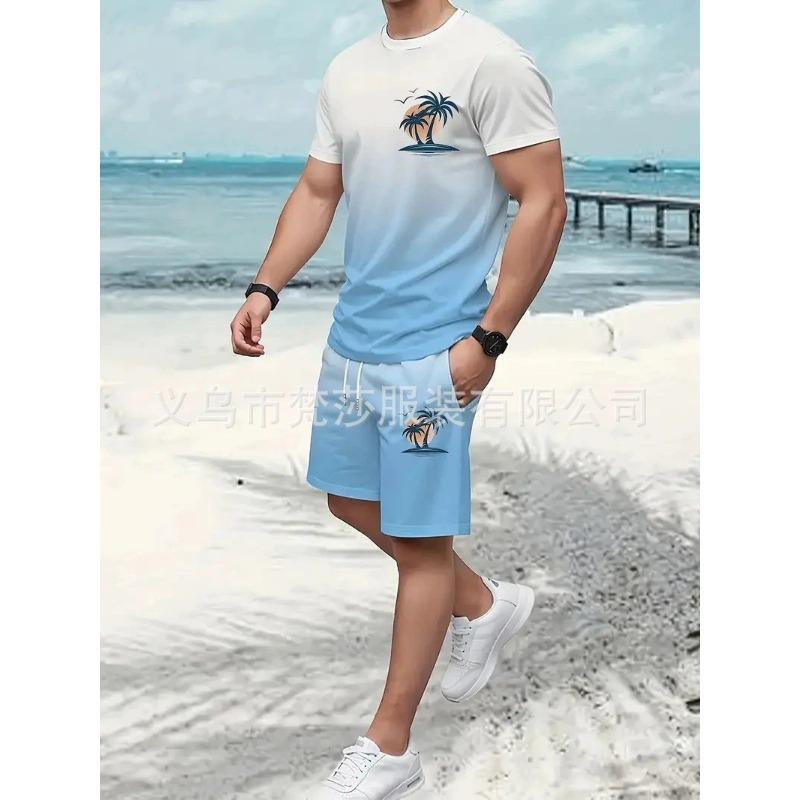 Mens Gradient Coconut Tree Print Casual Short Sleeve T Shirt And Shorts Set S