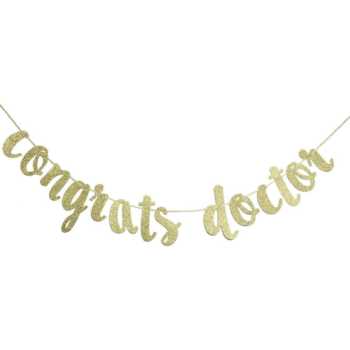 Qttier Congrats Doctor Banner, Doctor Graduation Decor, Gold 2.76  x 5.31  Rectangular Graduation Banner