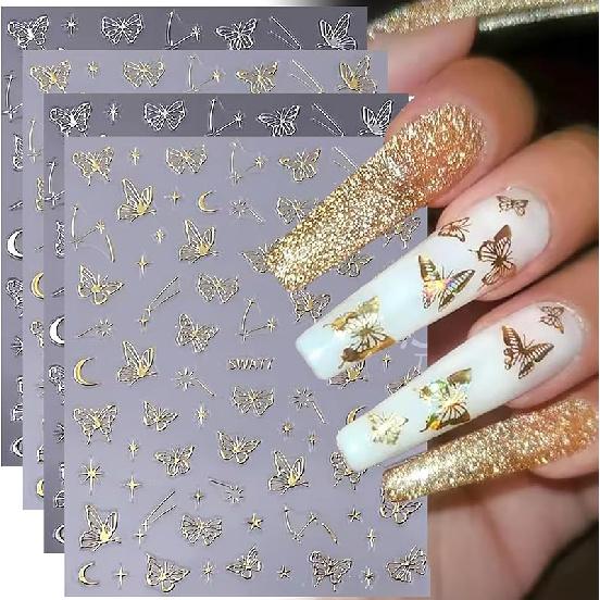 4 Sheets 3D Star Nail Stickers, Glitter Self-Adhesive y2k Nail Art Stickers Decals, Gold Silver Black White Stars Nail Design Stickers for Women Starry Sky Star Style 7