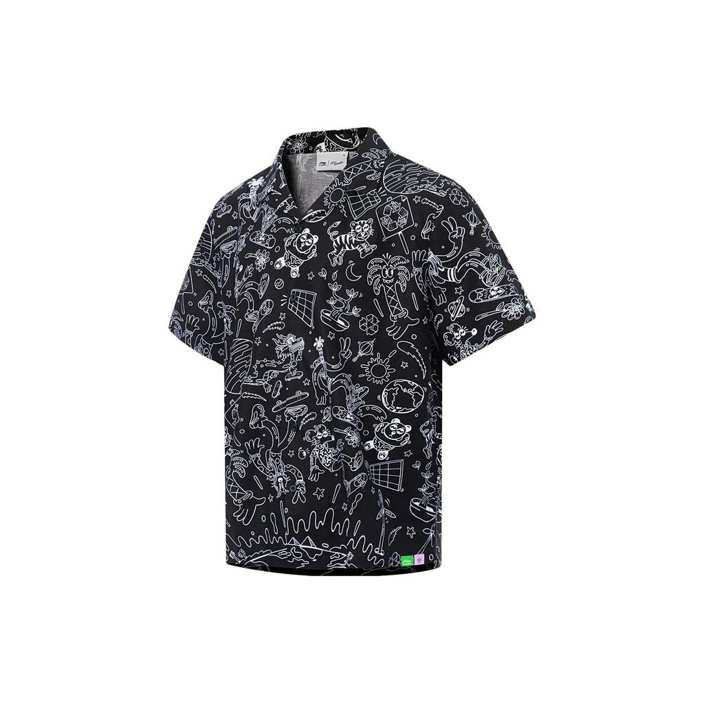 Li Ning X Steven Harrington Cartoon Anime All Over Print Loose Short Sleeve Shirt Men Shirts Black ASHT017-1