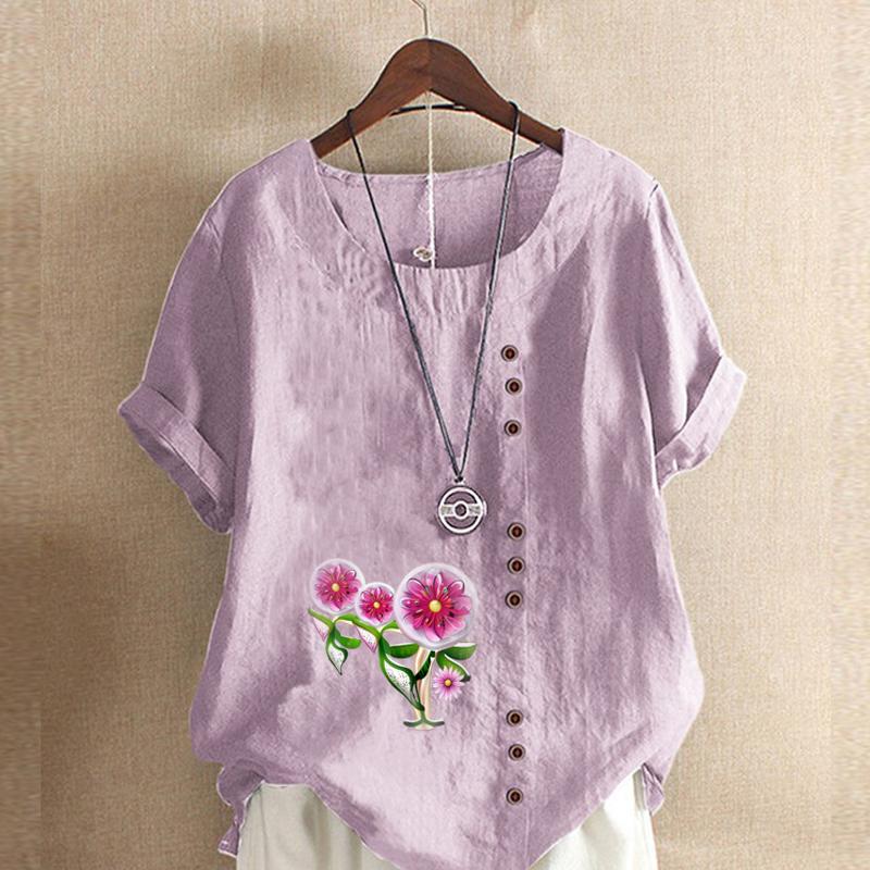 Women's Fashion Flowers Prined Short Sleeve T-shirt Loose Cotton Shirt Casual Loose Summer Blouse Tops