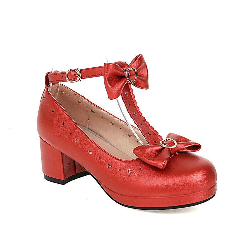 Sweet T Strap Mary Jane Girls Shoes Woman Student Low Heels Round Toe Pumps Women Red Bow Buckle Princess Lolita Shoes Size30-43