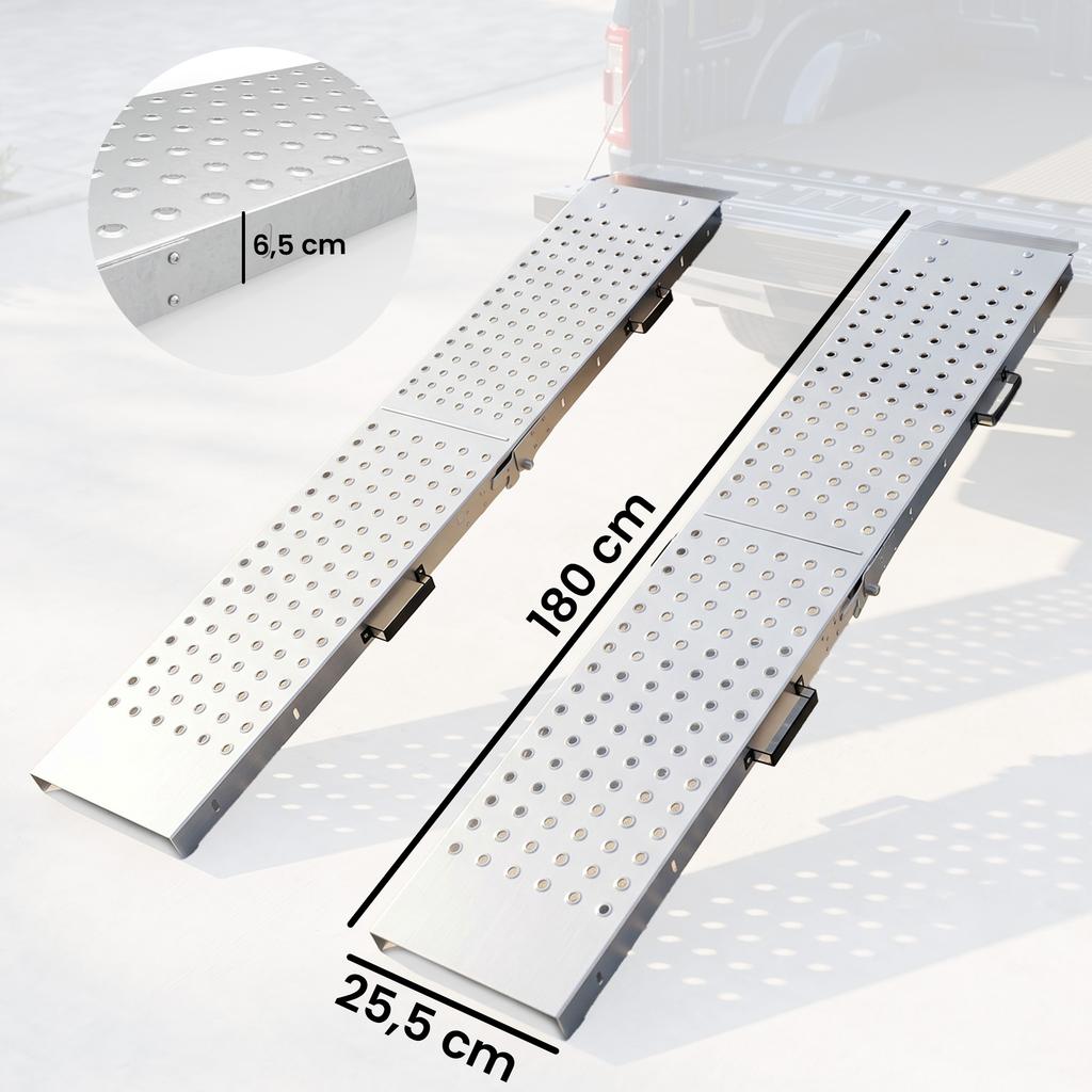 Loading Ramps, Set of 2 Folding, Handles, Non-Slip Surface, Max Load 400 kg, 180 x 25.5 cm, Silver