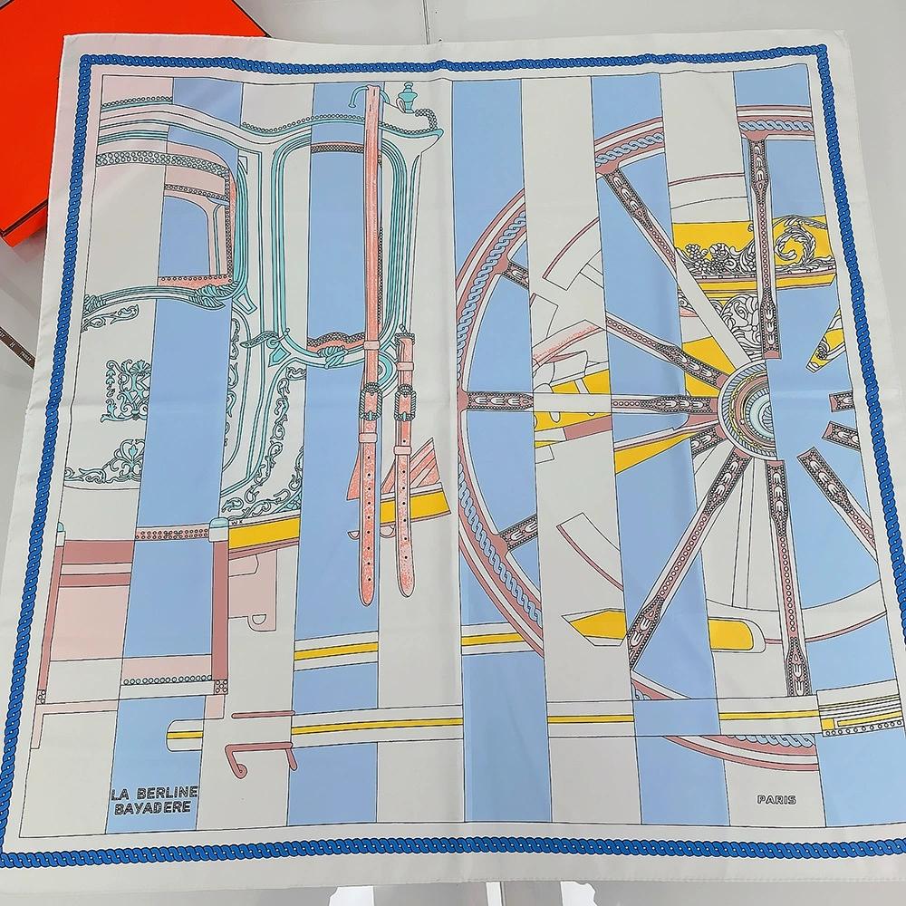 

90CM Manual Hand Rolled Twill Silk Scarf Women Square Scarves Luxury Wheel Foulard Wrap Bandana Hijab for Girl Friends 90x90cm