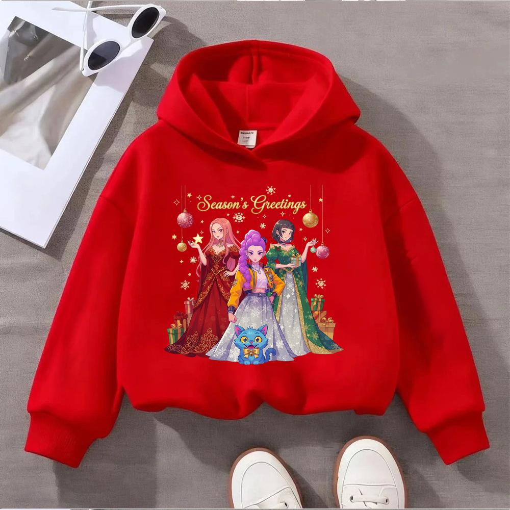 Festive Christmas Kids Hoodie with Adorable Anime Girls and Cute Cat Design for Season's Greetings