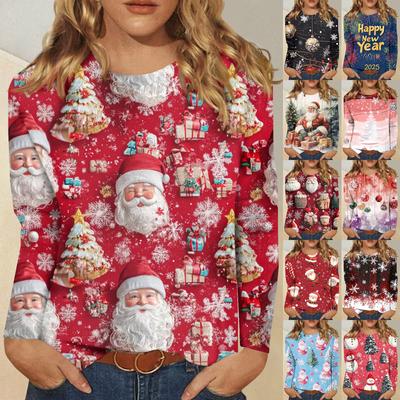 Women's Fashion Casual Long Sleeve Christmas Printed Round Neck T-Shirt Top