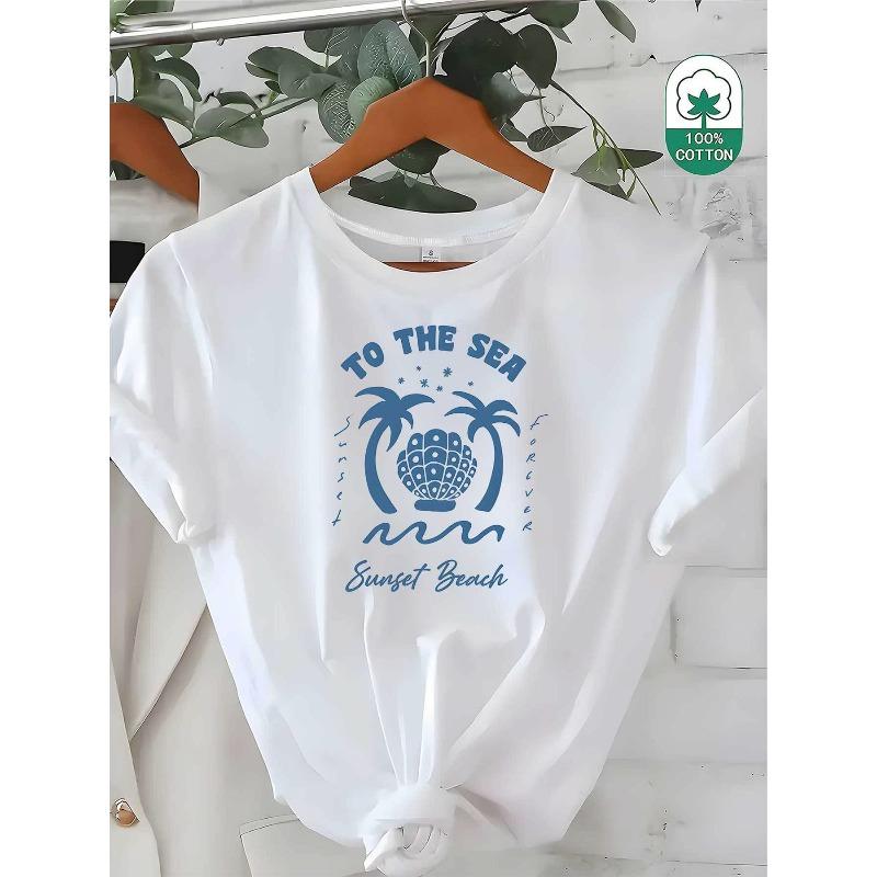 Women Black To The Sea Palm Tree Wave Print Summer Beach Travel Casual Tee S белый
