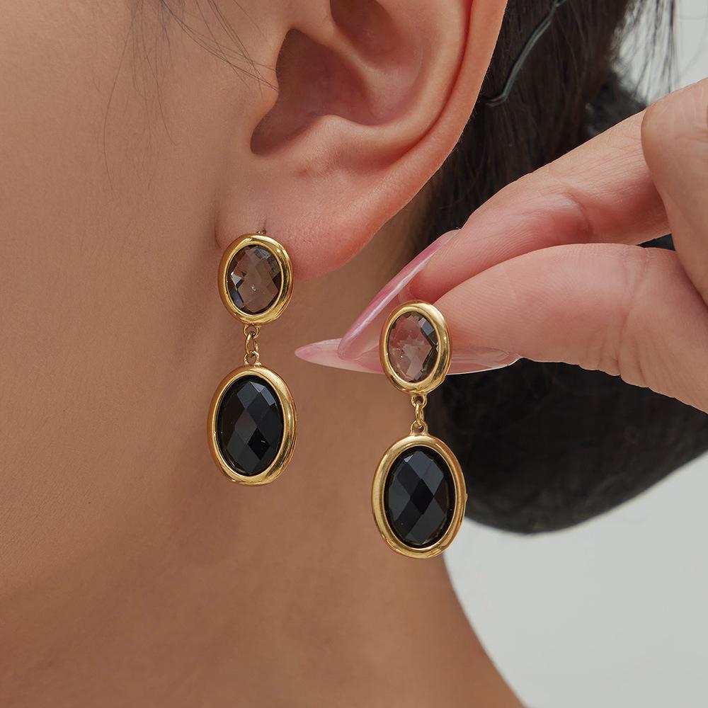 Orecchini a Pendente Ovali Geometrici Placcati Oro 18K con Pietra di Vetro Sfaccettata