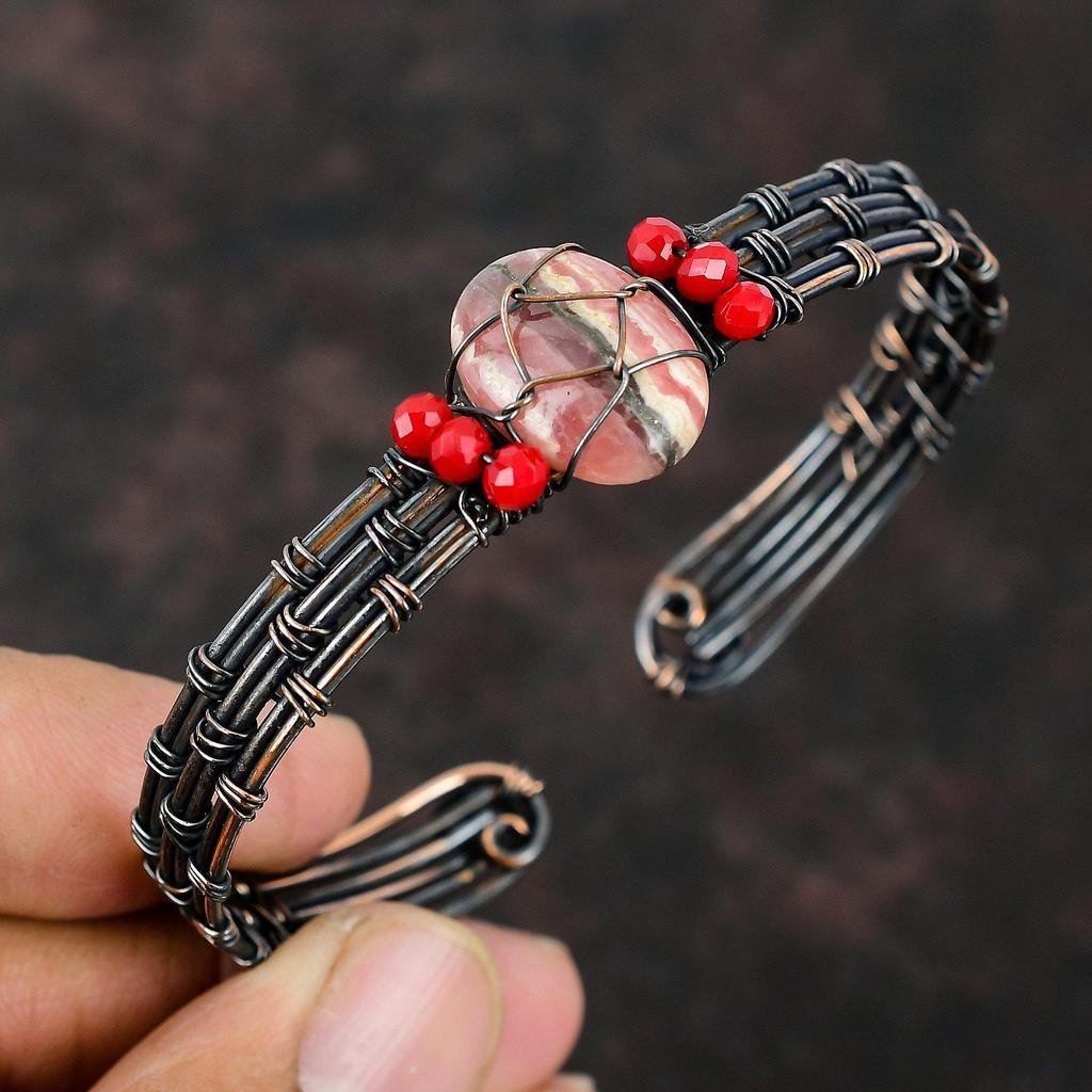Rodokrosit Koppar Manschettarmband Röd Korall Pärlor Armring Koppartråd Inlindat Smycke Justerbar Manschettarmband Ädelstensarmring Handgjord Manschett
