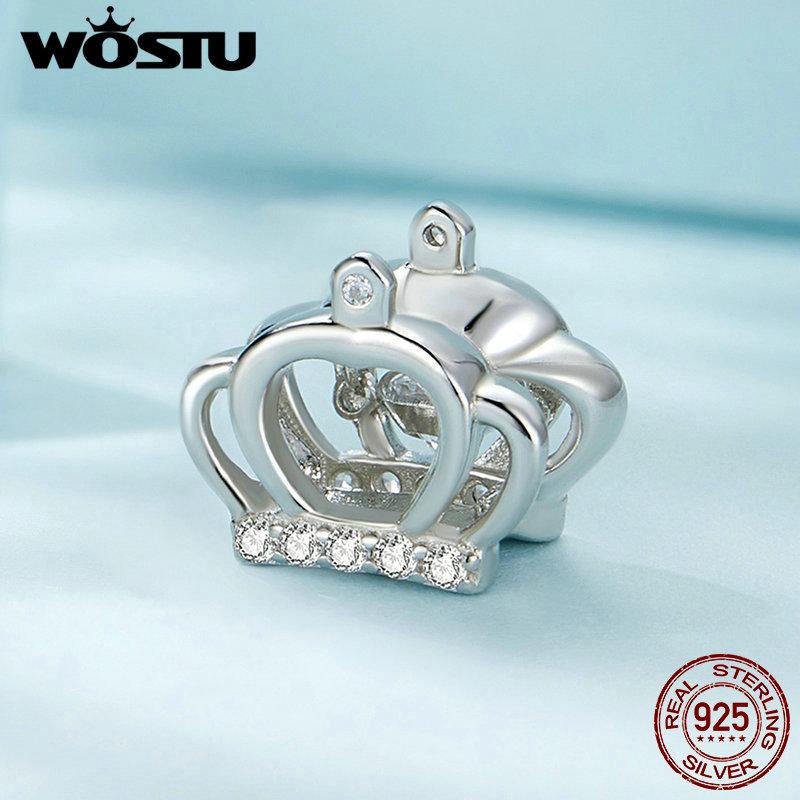 WOSTU 925 Silver Crown Charm Infinite Love Angel Zircon Beads Fit Original Bracelet Bangle Jewelry Gift for Women