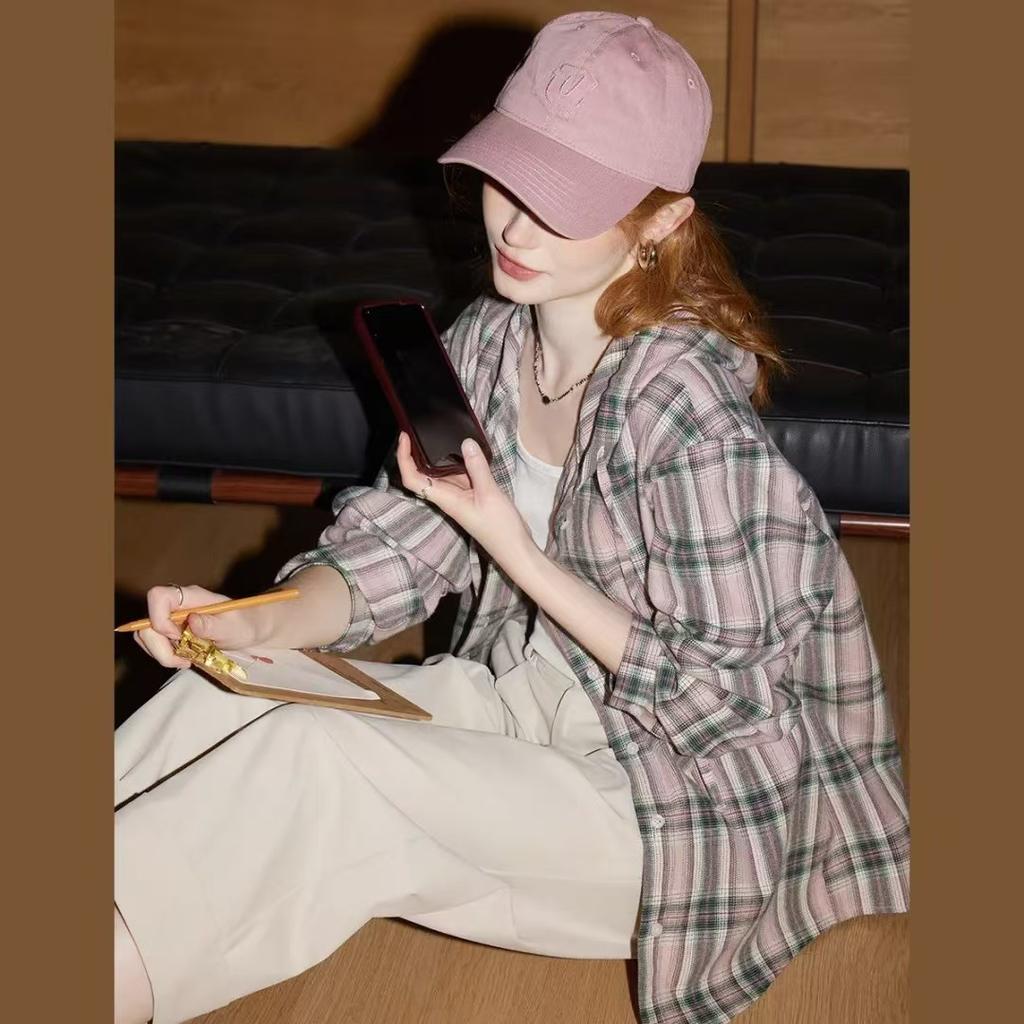 Lässiges Teenager-Plaid-Langarmhemd für Damen, Jacke mit Kapuze und Rotatorärmeln für den frühen Herbst