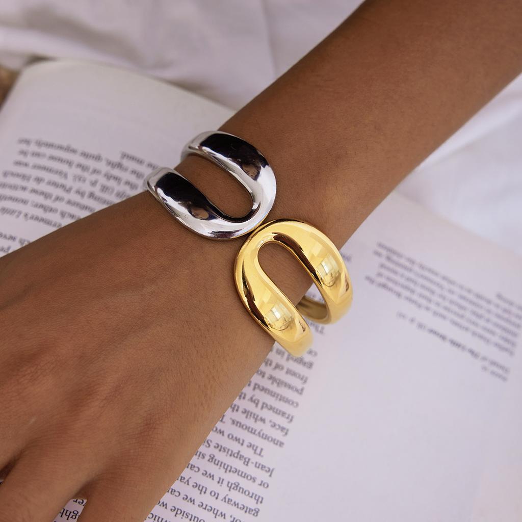 Yori Waterproof 18K Gold Plated Geometric Stainless Steel Double Color Cuff Bracelet Bangle Statement Charm Texture Jewelry New