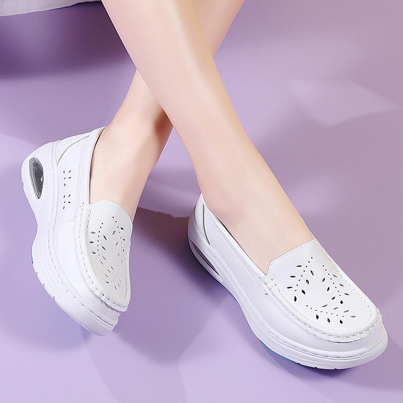 Women Genuine Leather Flat Shoes Casual White Wedge Heel Soft Sole Non Slip Caring Comfortable Mother Nurse Work Shoes