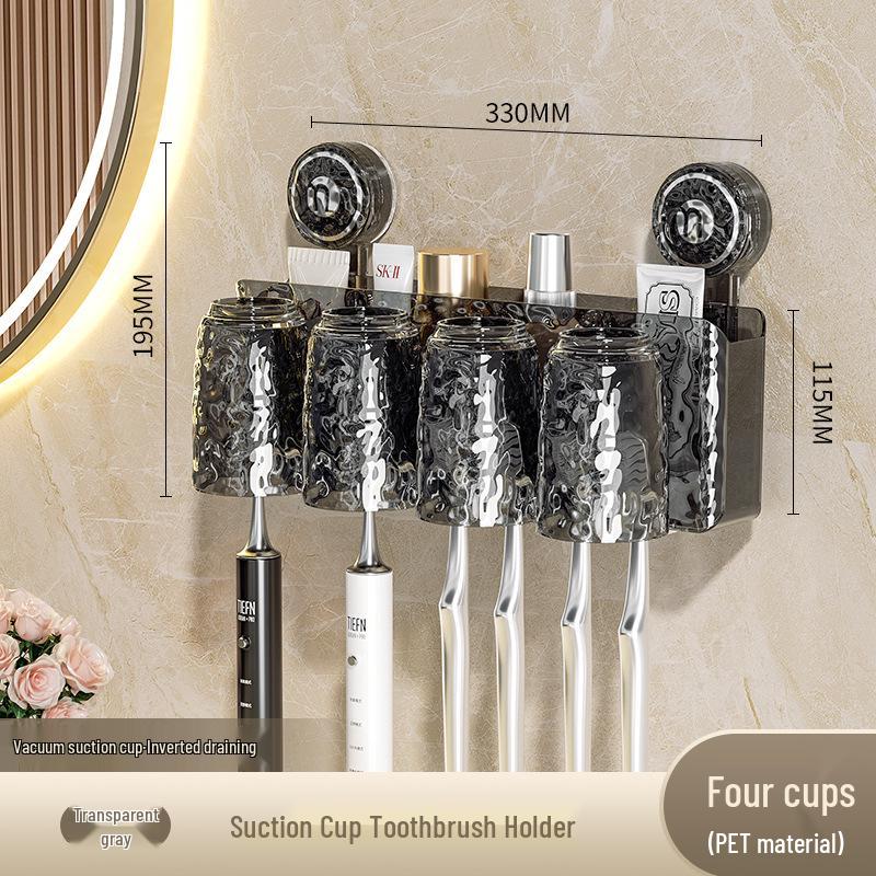 Wall-Mounted Suction Cup Toothbrush & Toothpaste Holder Set with Tooth Squeezer and Cup for Family Bathrooms