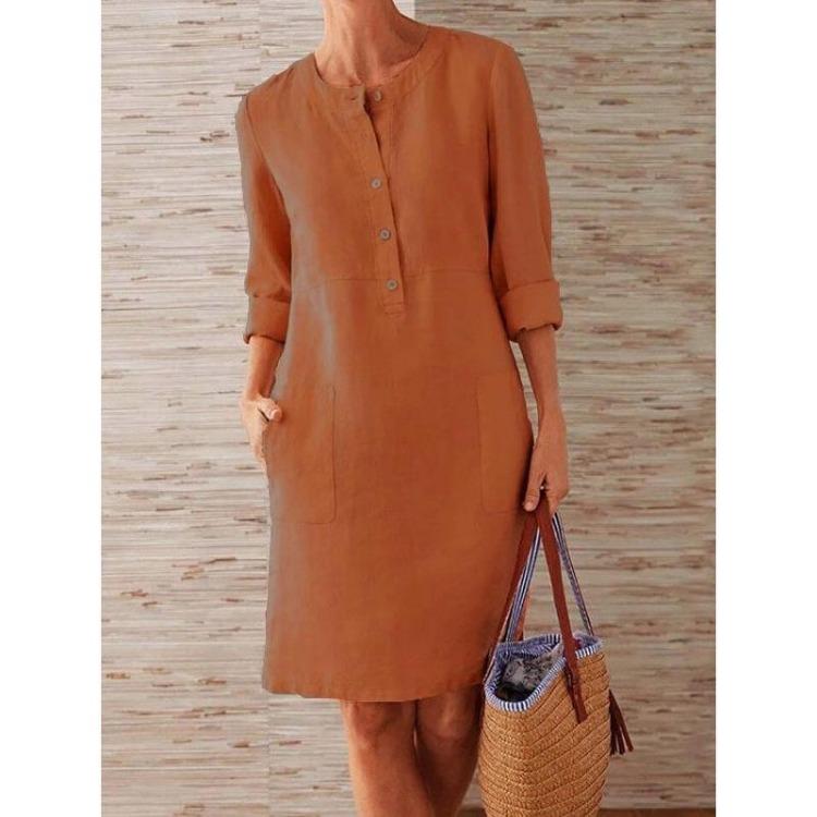 Women's Large Size Round Neck Long Sleeve Cotton Linen Solid Color Dress