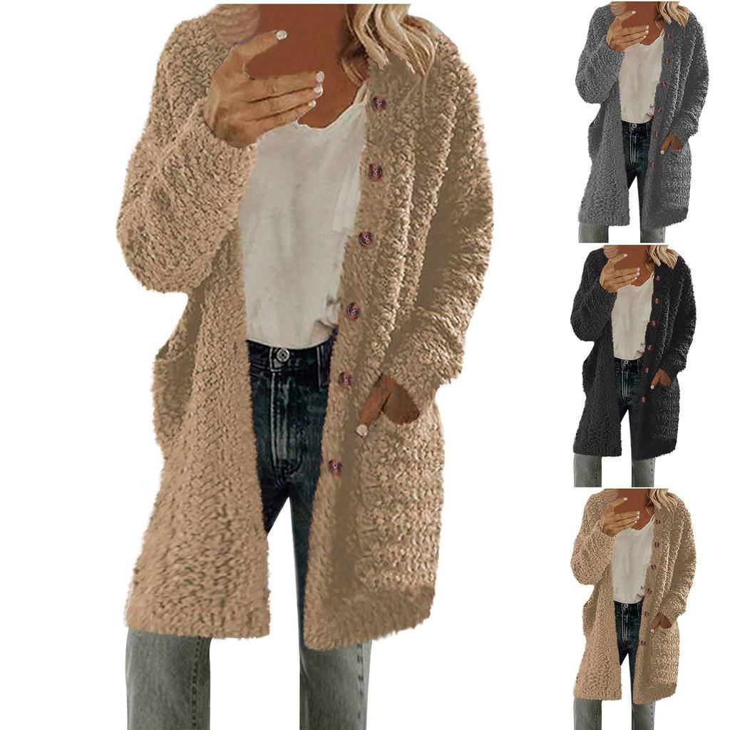 Women's Casual Solid Color Round Neck Long Sleeve Plush Casual  Jacket