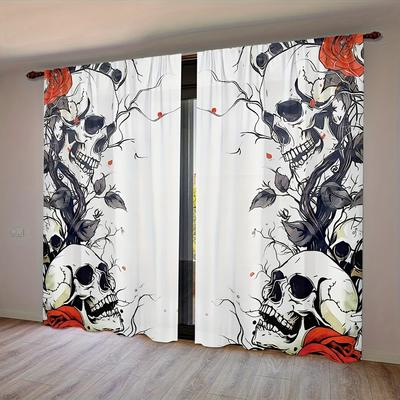 Halloween Gothic Style Skull Rose White Background Black Gray Red Printed Curtains Home Decorations Room Set Of 2 Made Polyester
