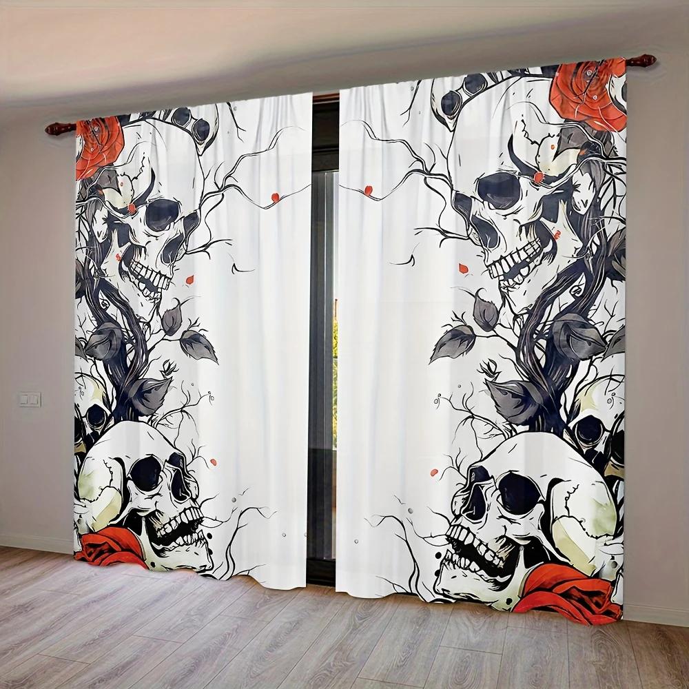 Halloween Gothic Style Skull Rose White Background Black Gray Red Printed Curtains Home Decorations Room Set Of 2 Made Polyester