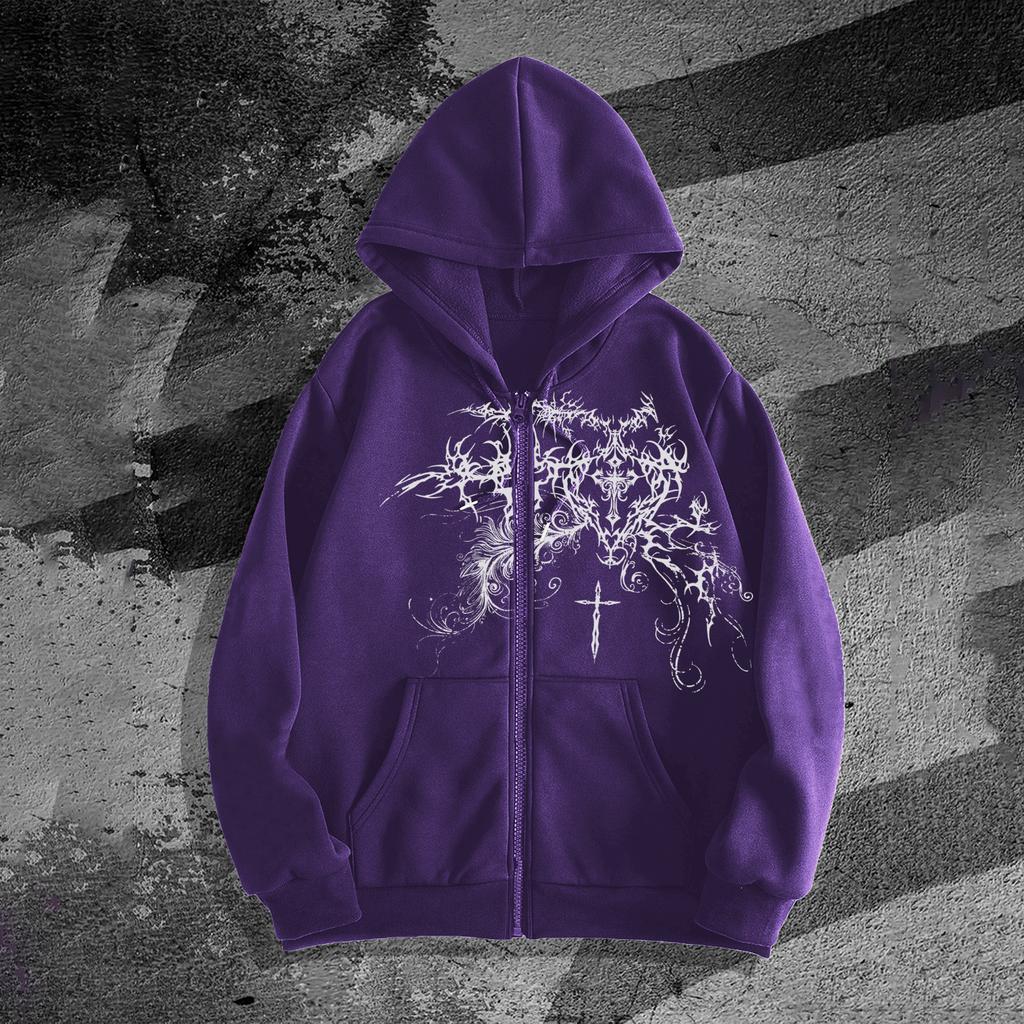 Unisex tištěná, teplá, se zipem, volná mikina-bunda z tlustého fleecu „Dark Street“