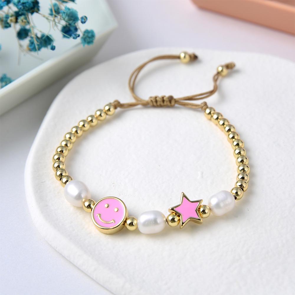 Colorful Drip Oil Smiley Star Beaded Bracelet with Natural Freshwater Pearls