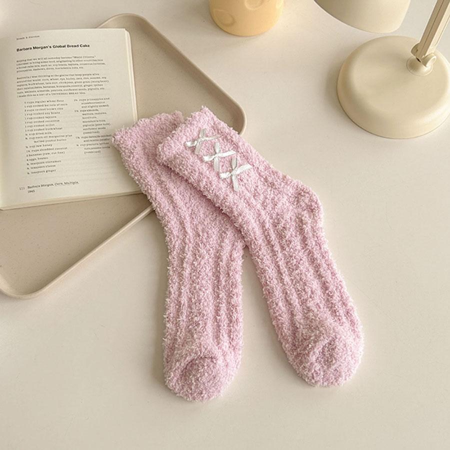 Autumn Winter Warm Coral Fleece Bowknot Woman Socks Sweet Lolita Plush Middle Tube Socks Home Sleeping Floor Socks Cute Socks