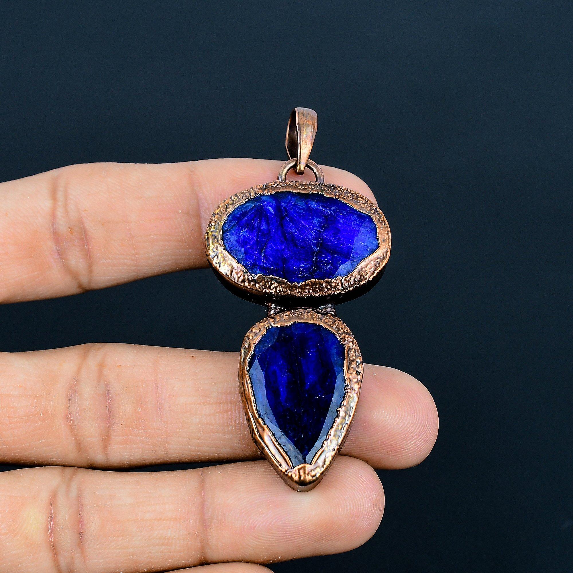 

Blue Sapphire Pendant, Handmade Gemstone Pendant, Copper Electroformed Pendant Antique Jewelry, For Engagement Gift 2.55 Inches