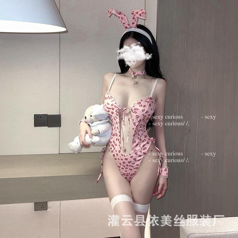Sexy underwear women's pink leopard print bunny onesie hollow uniform temptation open hot passion