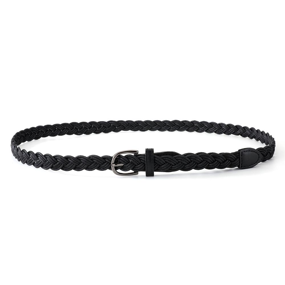 Retro Mori Black Cable Knit Waist Chain Belt with Pin Buckle and Leather Accents for Women